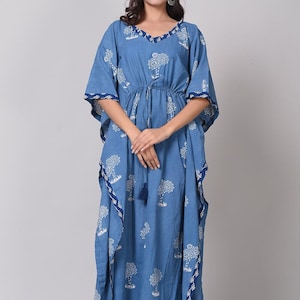 kaftan Maxi Dress, Block Printed Kaftan, Cat lover gift, Beach Cover up, Vacation Look, Home dress, Indian Cotton Kaftan, Gift For Women&#39;s