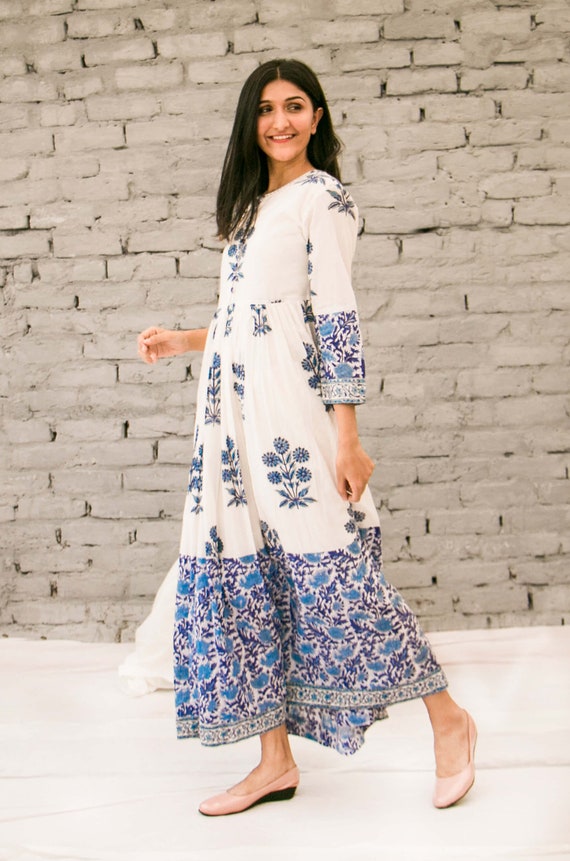 White Cotton Gown With Blue Floral Block Print – Indo Western Long Dress for Women