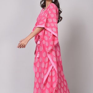 Pink Floral Kaftan, Hand Block Print Kaftan, Women's Kaftan, Beach Cover Ups, Women's Night Wear, Cotton House Kaftan, Floral Pink Cover Up image 4