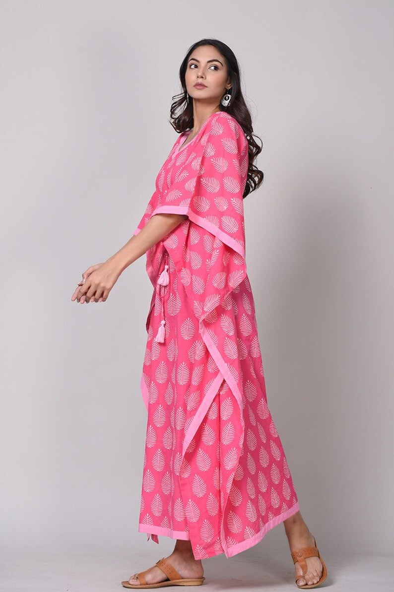 Pink Floral Kaftan, Hand Block Print Kaftan, Women's Kaftan, Beach Cover Ups, Women's Night Wear, Cotton House Kaftan, Floral Pink Cover Up image 4