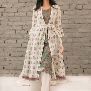 Hand Block Print Cotton Angrakha Dress: Jacket & Pant Set