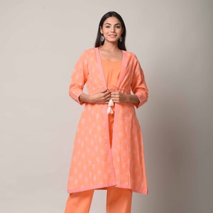 Peach Designer Cotton Suit Set | Block Printed Jacket with Pant | Gift for Her | Free Shipping
