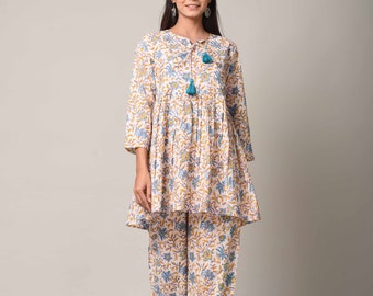 Cotton Block Print Loungewear Set: Women's Summer Co-ord