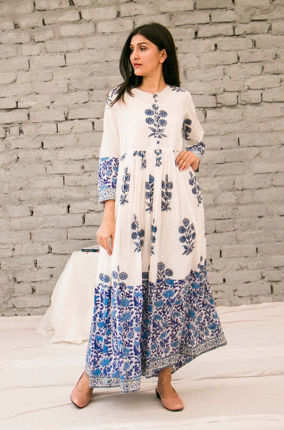 Dark blue Pure Cotton Floral Print Indowestern Dress with Embroidered Jacket main image 1