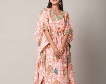 Floral Cotton Kaftan Dress: Hand Block Print Boho Robe