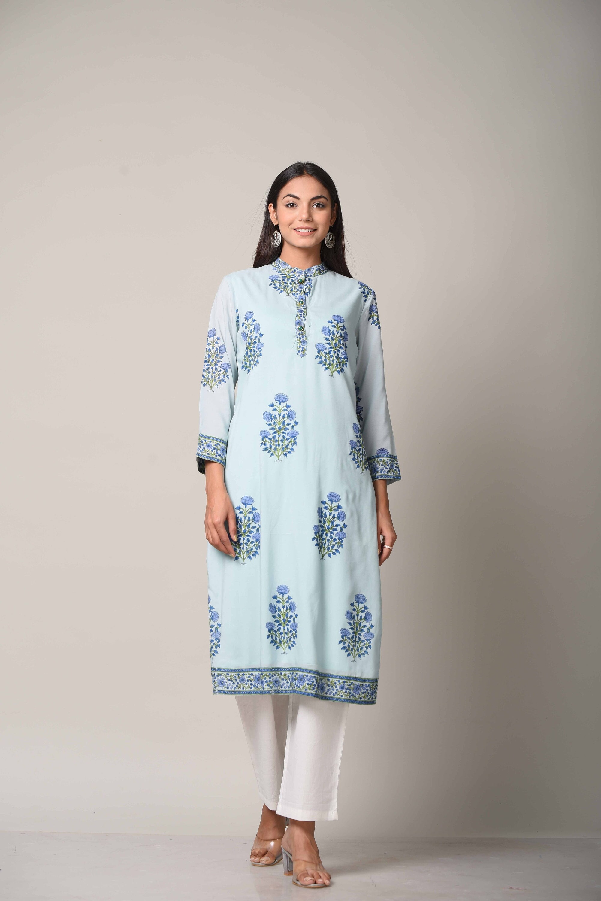 Buy Indigo Dabu Printed Cotton Kurta online at Theloom | Kurti designs,  Kurti neck designs, New kurti designs