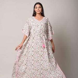 Plus Size Kaftan, Beach Coverup, Hand Block Print  Pink Floral Kaftan, Sleepwear, Vacation Look, Loose fit Robe, Cat lover gifts, Free Ship