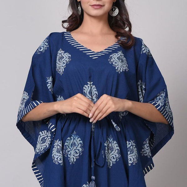 Ikat Print Kaftan, Block Printed Kaftan, Summer Outfit,  Beach coverups, Nightwear, Handmade Kaftan, Jaipuri Print dress, Free Shipping