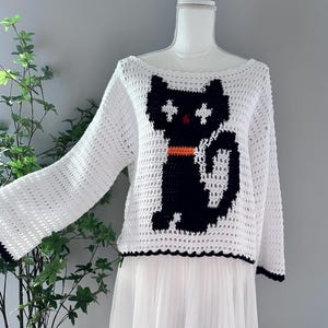 Crochet Black Cat Halloween Sweater: Handmade Cotton Pullover