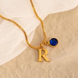 Personalised Initial Necklace With Birthstone, Birthstone Letter Necklace With Box Chain, Birthday Gift For Friend, Christmas Gift For Her