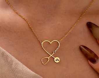 14K Gold Personalized Stethoscope Name Necklace, Custom Stethoscope Necklace, Doctor Gifts, Nurse Gifts, Graduation Gifts, Gift for Her