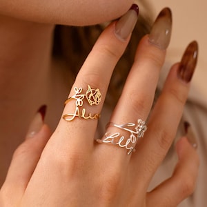 Anillo de flor de nacimiento personalizado con nombre, anillo de flor de nacimiento con nombre, anillo floral con nombre, joyería de flor de nacimiento personalizada, regalo para el Día de la Madre.