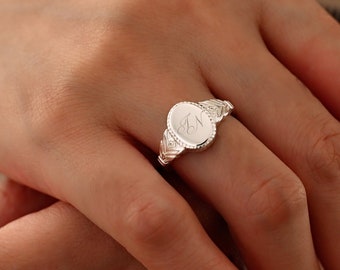 Chevalière ronde rétro personnalisée, chevalière lettre personnalisée, chevalière initiale en argent, cadeau délicat pour femme, cadeau d'anniversaire