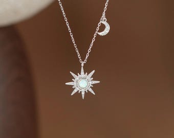 Dainty Opal Sun Moon Necklace, Celestial Birthstone Charm, Gold Sun Pendant Necklace, Celestial Jewelry, Birthday Gift for Her, Gift for Mom