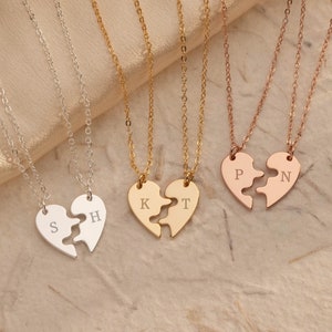 Engraved Broken Heart Necklace, Split Heart Initial Necklace, Couple Initial Pendant, Half Heart Necklace, Best Friend Gift, Birthday Gifts