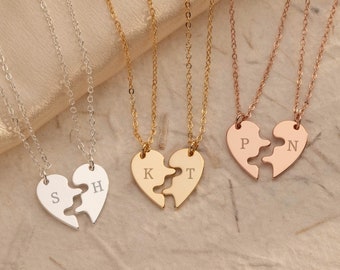 Engraved Broken Heart Necklace, Split Heart Initial Necklace