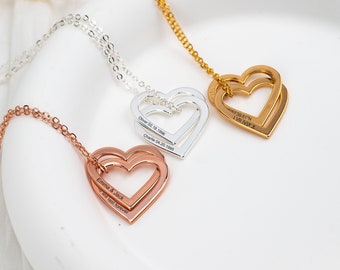 Gepersonaliseerde dubbele hartketting, interlock hart naamketting, gegraveerde naamsieraden voor haar, jubileumcadeau, Moederdagcadeaus