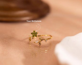Personalized Flower Birthstone Ring,Custom Birth Month Flower Ring,Adjustable Floral Ring,Personalised Gifts,Birthday Gifts for Her,Mom Gift