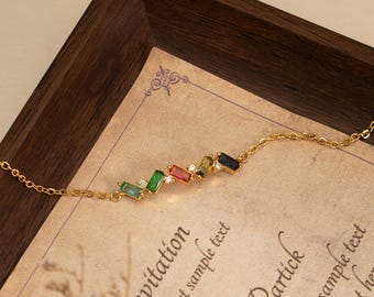 Gold Birthstone Bracelet, Baguette Birthstone Bracelet, Family Birthstone Bracelet, Birthstone Bracelet for Women, Christmas Gift, Mom Gift