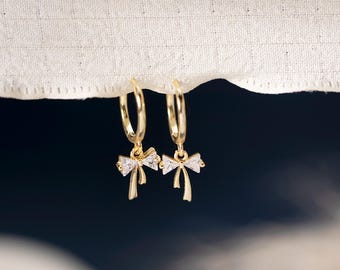 Diamond Bow Huggie Earrings, Sterling Silver Bow Earrings, Dainty Huggie Hoop Earrings, Birthday Gift for Her, Christmas Gifts, Gift for Mom