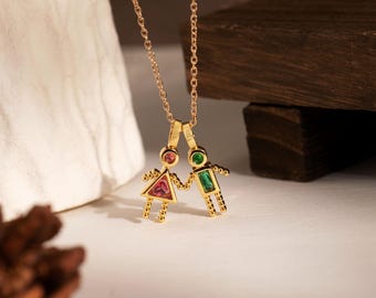 Children Birthstone Necklace, Boy&Girl Charm Necklace, New Mom Gift, Mom Necklace with Kids, Christmas Gift for Grandma, Family Birthstones