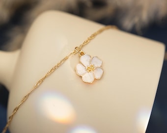Gold Plated Enamel Sakura Flower Necklace, Flower Necklace, Gold Sakura Flower Necklace, Christmas Gift, Birthday Gift for Mom, Gift for Her
