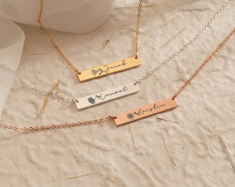 Custom Name & Birthflower Necklace,Personalized Mothers Day Gift,Horizontal Bar Necklace,Name Plate Necklace for Women,Name Bar Necklace