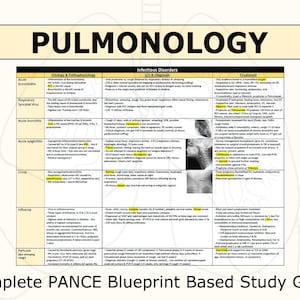 May include: A yellow and white chart with the title "Pulmonology" and a table with information about infectious disorders of the lungs. The table includes columns for the disorder, etiology and pathophysiology, infectious disorders, and treatment. The chart also includes an x-ray image of a person's neck and chest.