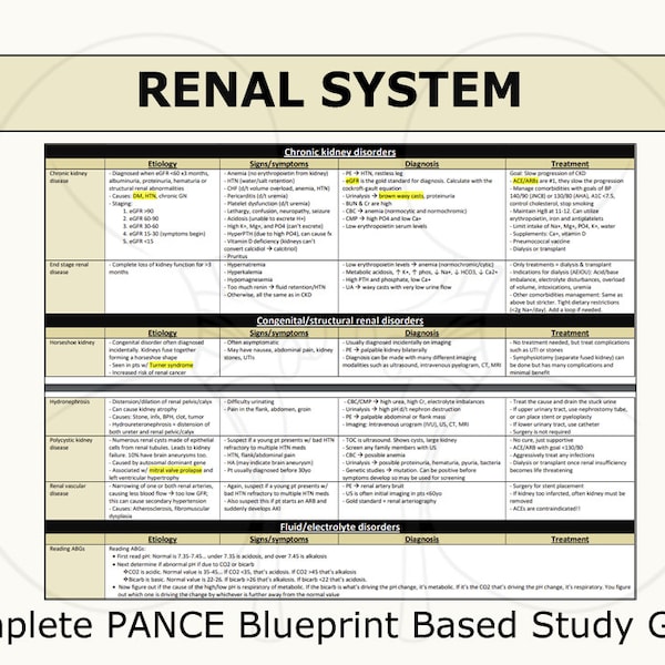 Renal System Complete Study Guide / PANCE Blueprint / Chart / Physician Assistant / Nurse Practitioner / Medical Student / PANRE / PA School