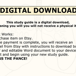Pode incluir: Um guia de estudo para download digital com instru&ccedil;&otilde;es sobre como comprar e baixar o guia. O texto diz "DIGITAL DOWNLOAD" e "Este guia de estudo &eacute; um download digital, o que significa que voc&ecirc; n&atilde;o receber&aacute; um item f&iacute;sico. Como funciona: 1. Compre o item no Etsy. 2. Assim que o pagamento for conclu&iacute;do, voc&ecirc; receber&aacute; um e-mail do Etsy com instru&ccedil;&otilde;es para baixar um documento PDF e um documento do Word edit&aacute;vel para o seu dispositivo. 3. Imprima e comece a usar seu novo guia de estudo. 4. PASS THE PANCE!"