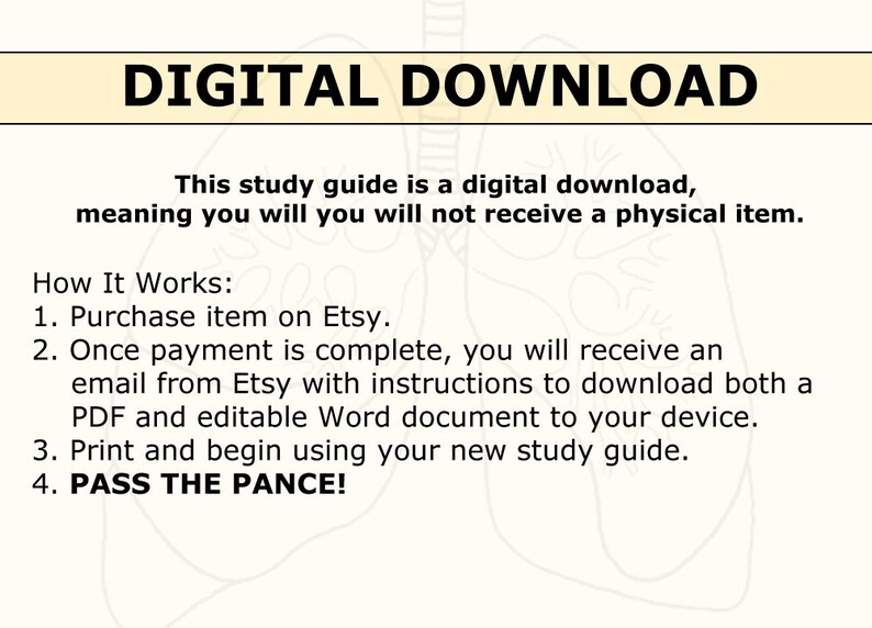 Pode incluir: Um guia de estudo para download digital com instru&ccedil;&otilde;es sobre como comprar e baixar o guia. O texto diz "DIGITAL DOWNLOAD" e "Este guia de estudo &eacute; um download digital, o que significa que voc&ecirc; n&atilde;o receber&aacute; um item f&iacute;sico. Como funciona: 1. Compre o item no Etsy. 2. Assim que o pagamento for conclu&iacute;do, voc&ecirc; receber&aacute; um e-mail do Etsy com instru&ccedil;&otilde;es para baixar um documento PDF e um documento do Word edit&aacute;vel para o seu dispositivo. 3. Imprima e comece a usar seu novo guia de estudo. 4. PASS THE PANCE!"