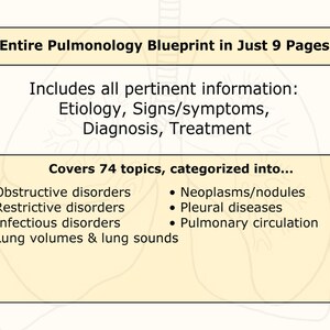 Pode incluir: Um diagrama amarelo e branco que descreve os t&oacute;picos abordados em um plano de pneumologia. O texto diz "Entire Pulmonology Blueprint in Just 9 Pages!" e "Covers 74 topics, categorized into..." seguido de uma lista de t&oacute;picos que incluem "Obstructive disorders", "Restrictive disorders", "Infectious disorders", "Lung volumes & lung sounds", "Neoplasms/nodules", "Pleural diseases", e "Pulmonary circulation".