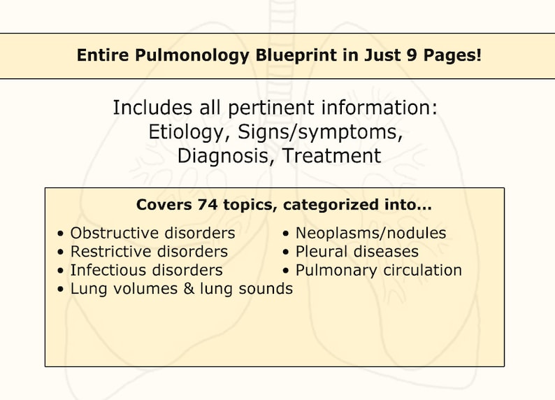 Pode incluir: Um diagrama amarelo e branco que descreve os t&oacute;picos abordados em um plano de pneumologia. O texto diz "Entire Pulmonology Blueprint in Just 9 Pages!" e "Covers 74 topics, categorized into..." seguido de uma lista de t&oacute;picos que incluem "Obstructive disorders", "Restrictive disorders", "Infectious disorders", "Lung volumes & lung sounds", "Neoplasms/nodules", "Pleural diseases", e "Pulmonary circulation".