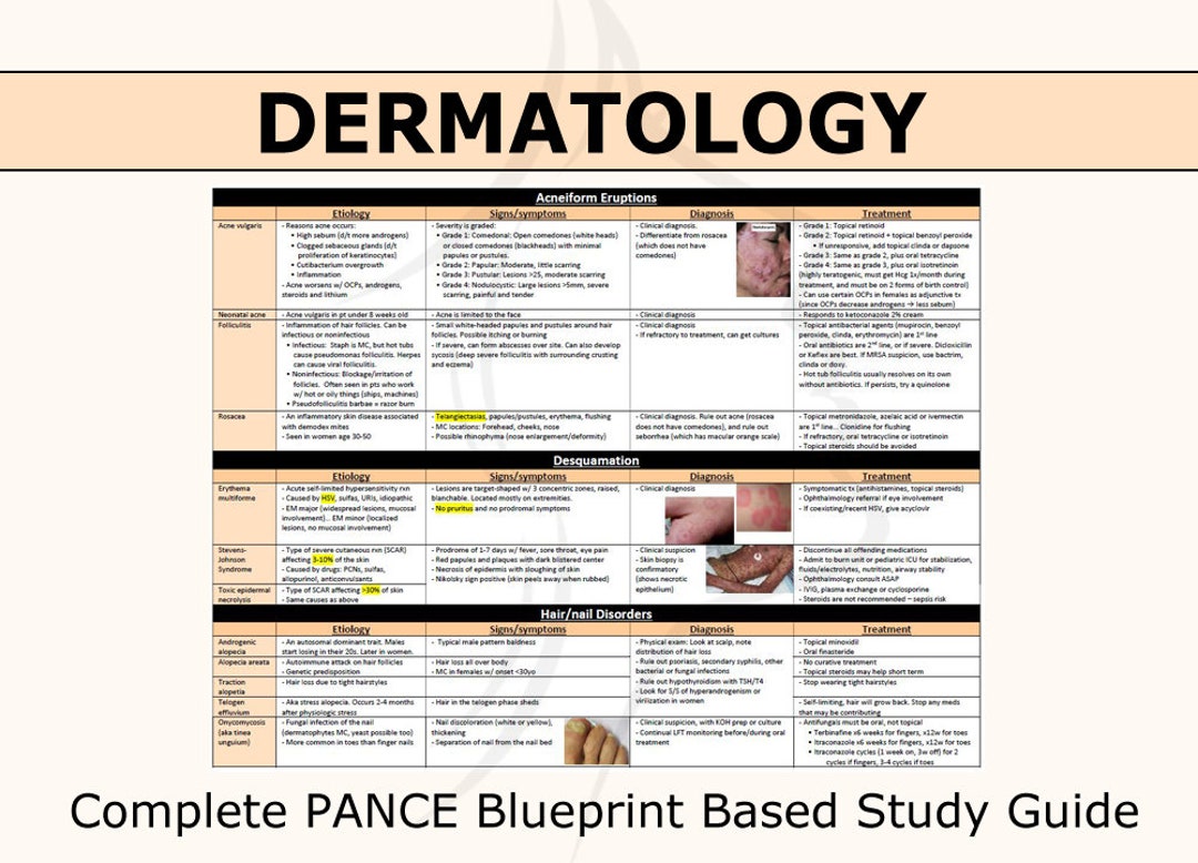 Dermatology Complete Study Guide / PANCE Blueprint / Chart / Physician Assistant / Nurse