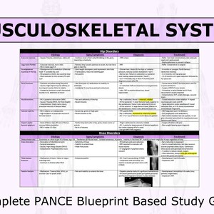 May include: A chart with a pink background and white text outlining the musculoskeletal system. The chart includes information on hip and knee disorders, including their etiology, signs and symptoms, diagnosis, and treatment.