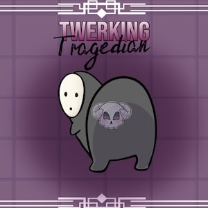 Puede incluir: Ilustración de dibujos animados de una figura gris con una máscara blanca y un emblema de calavera en la espalda. El texto "TWERKING Tragedian" se muestra encima de la figura en una fuente estilizada, sobre un fondo morado.