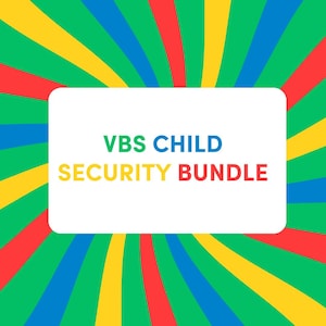 Può includere: Un cartello rettangolare bianco con il testo VBS CHILD SECURITY BUNDLE in lettere blu e gialle, centrato su uno sfondo vivace di strisce curve e radianti in colori alternati verde, giallo, rosso e blu.
