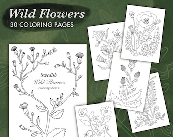 May include: A set of black and white coloring pages featuring Swedish wild flowers. The pages are titled "Swedish Wild Flowers coloring sheets".