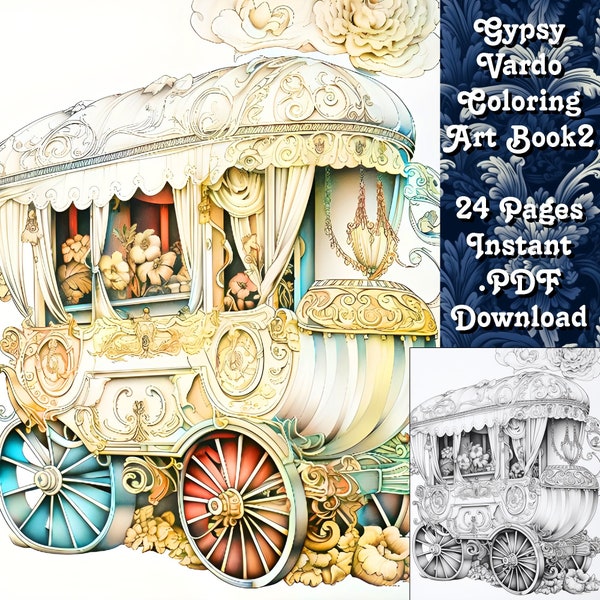 Gypsy Vardo Wagon Caravan Vol. 2 Antique Vintage Style 24 Coloring Art Pages PDF instant download coloring book cottagecore bohemian