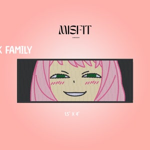 May include: Embroidered patch featuring Anya Forger from Spy x Family. The patch is rectangular, with a black background and a detailed image of Anya's face. The patch measures 1.5 inches by 4 inches.