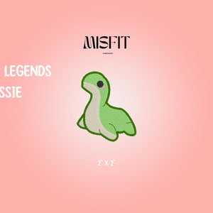 May include: Green embroidered patch of Nessie, a mythical lake monster, from Apex Legends. The patch is 2 inches by 2 inches and says "Misfit Embroidery" at the top.
