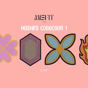May include: Embroidered patches from the "Hashira Collection 1" featuring four unique designs: a pink clover, a purple hexagon, a blue and gold butterfly, and an orange flame. Each patch measures 2 x 2 inches. The background is a light pink.