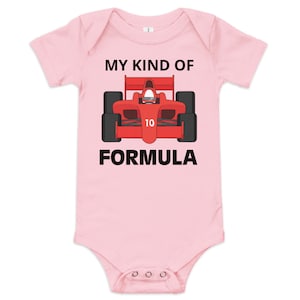 May include: Pink baby grow with a red racing car and the text "MY KIND OF FORMULA".