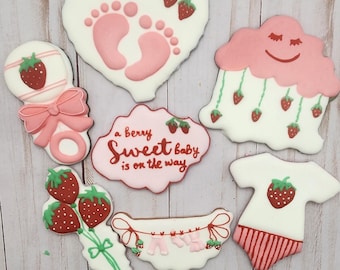 A Berry Sweet Baby, Strawberry Baby Shower Cookies, Baby Cookies, Strawberry Theme, Pink Theme Cookies