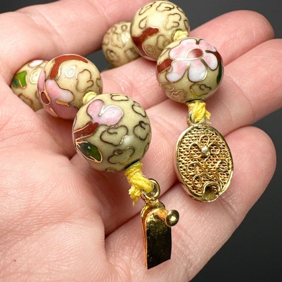 Cloisonné Necklace Beaded Vintage Pink Flower Gre… - image 2