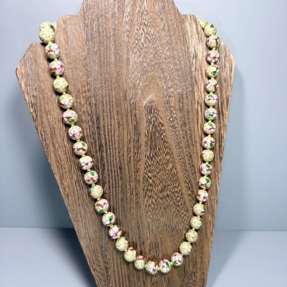 Cloisonné Necklace Beaded Vintage Pink Flower Gre… - image 3
