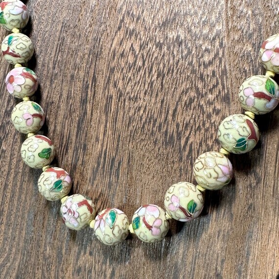 Cloisonné Necklace Beaded Vintage Pink Flower Gre… - image 8