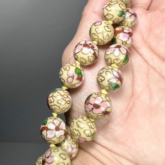 Cloisonné Necklace Beaded Vintage Pink Flower Gre… - image 1