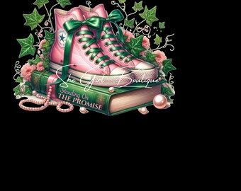 May include: Pink high-top sneakers with green laces and bows, sitting on top of two books with the text "Standing On The Promise". The books are surrounded by green ivy and pink flowers.