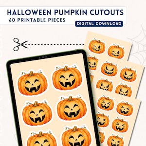 Pode incluir: Um download digital com recortes de abóboras de Halloween com 60 peças imprimíveis. A imagem exibe uma tela de tablet e folhas de papel mostrando várias abóboras laranja com diferentes expressões faciais esculpidas e talos verdes.